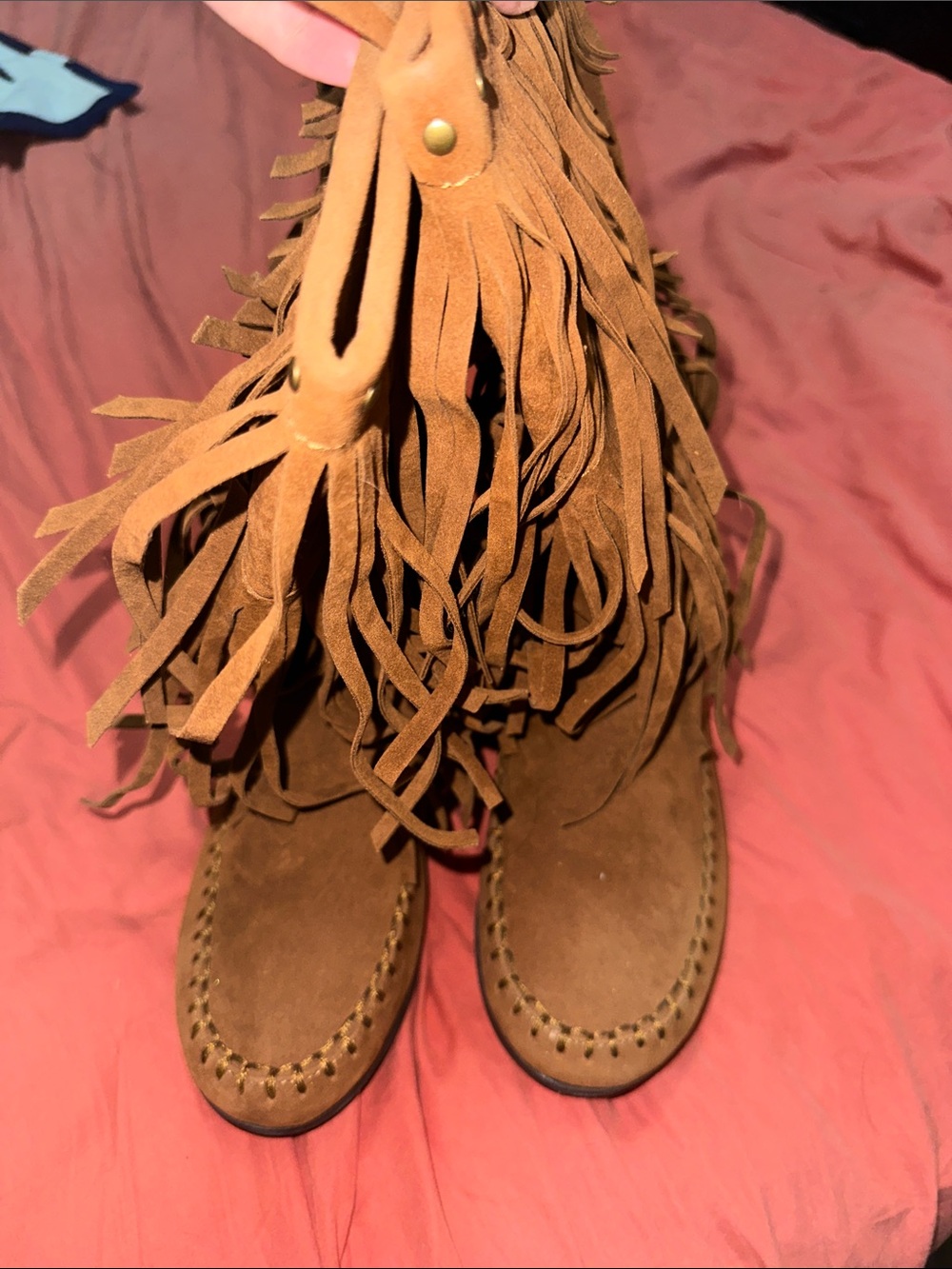 Rampage Tan Suede Fringe Moccasin Boots with Stud Trim